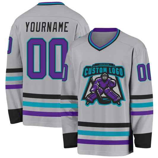 Custom Gray Purple Black-Teal Hockey Jersey - Sky-Custom