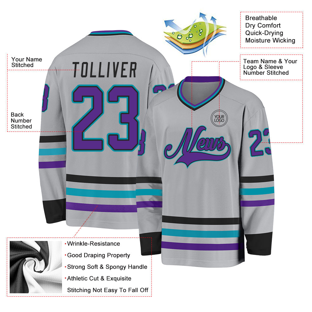 Custom Gray Purple Black-Teal Hockey Jersey - Sky-Custom