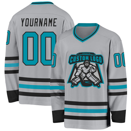 Custom Gray Teal-Black Hockey Jersey - Sky-Custom