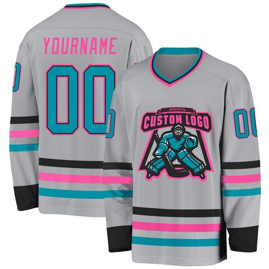 Custom Gray Teal Black-Pink Hockey Jersey - Sky-Custom