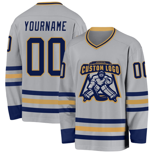 Custom Gray Navy-Old Gold Hockey Jersey - Sky-Custom