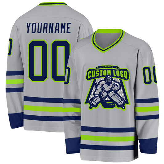 Custom Gray Navy-Neon Green Hockey Jersey - Sky-Custom