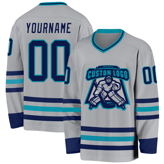 Custom Gray Navy-Teal Hockey Jersey - Sky-Custom