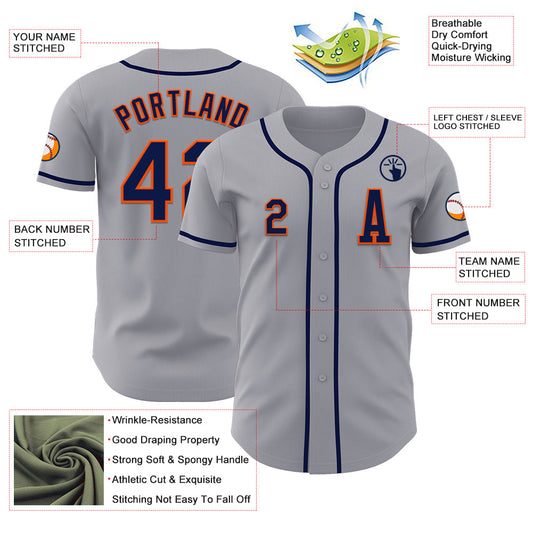 Custom Gray Navy-Orange Authentic Baseball Jersey - Sky-Custom