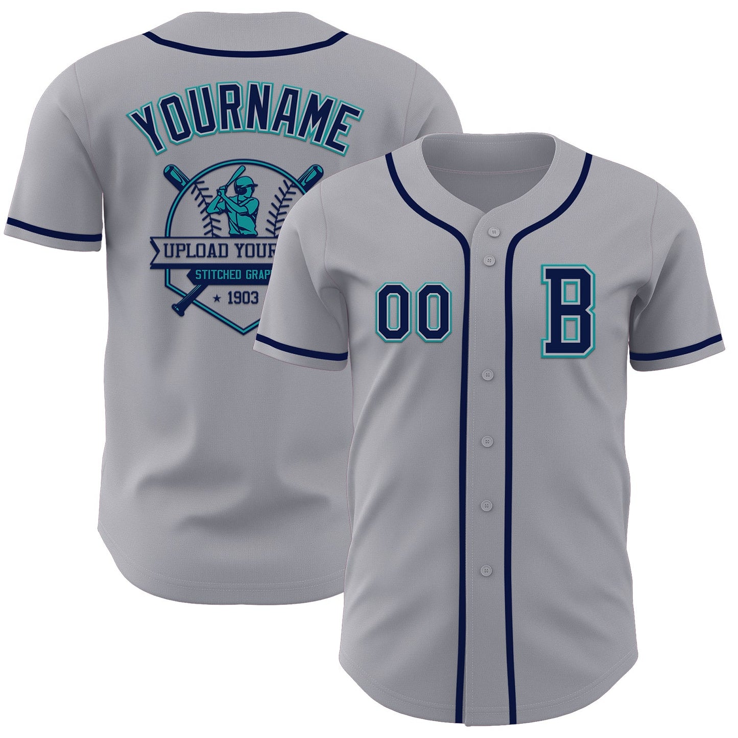 Custom Gray Navy-Teal Authentic Baseball Jersey - Sky-Custom