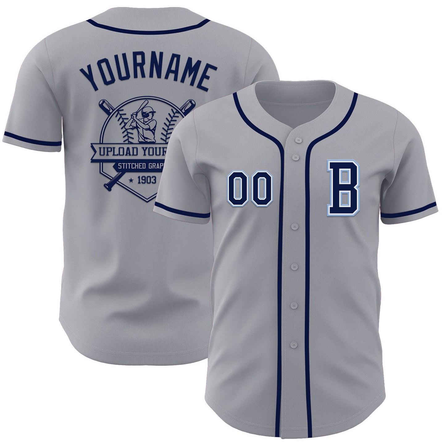 Custom Gray Navy-Light Blue Authentic Baseball Jersey - Sky-Custom