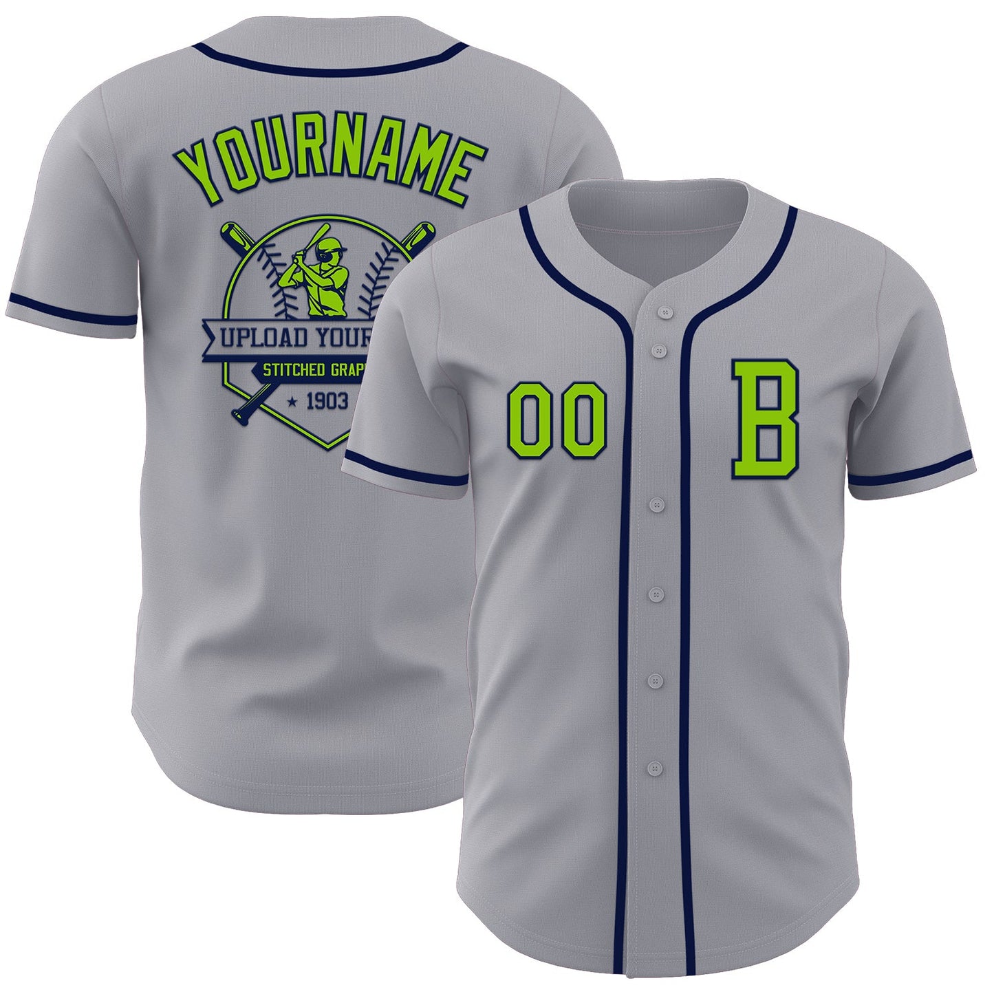Custom Gray Neon Green-Navy Authentic Baseball Jersey - Sky-Custom