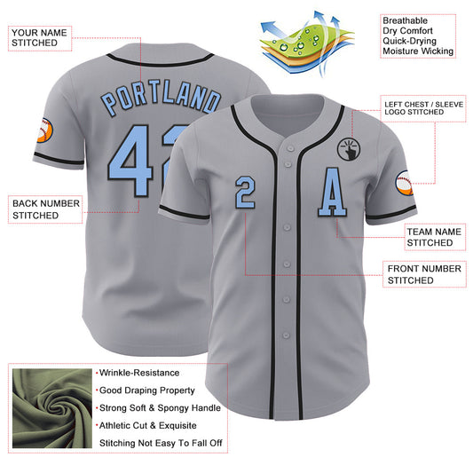 Custom Gray Light Blue-Black Authentic Baseball Jersey - Sky-Custom