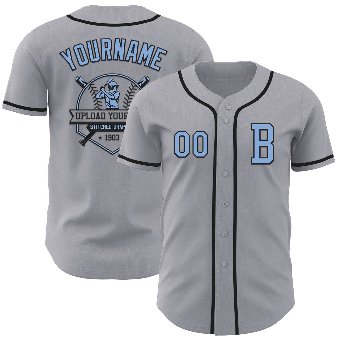 Custom Gray Light Blue-Black Authentic Baseball Jersey - Sky-Custom