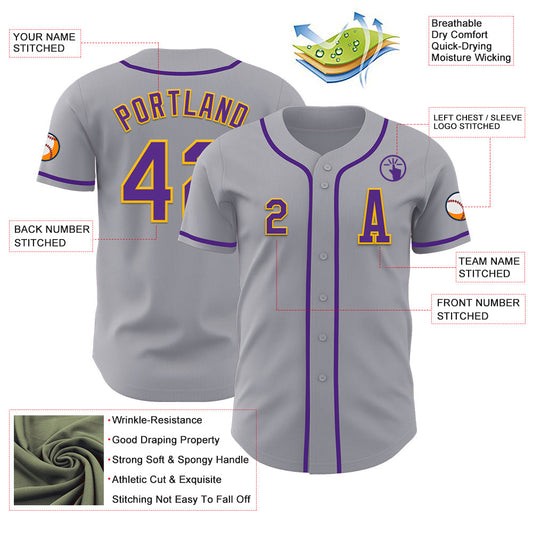 Custom Gray Purple-Gold Authentic Baseball Jersey - Sky-Custom