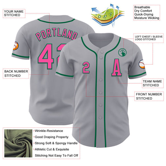 Custom Gray Pink-Kelly Green Authentic Baseball Jersey - Sky-Custom