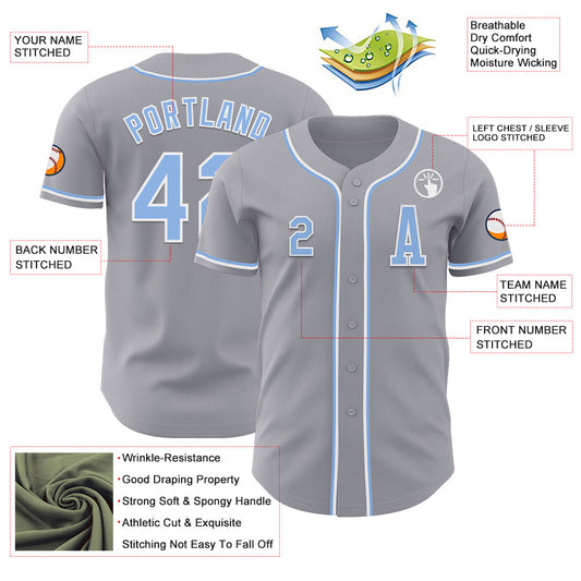 Custom Gray Light Blue-White Authentic Baseball Jersey - Sky-Custom