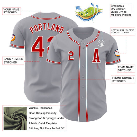 Custom Gray Red-White Authentic Baseball Jersey - Sky-Custom