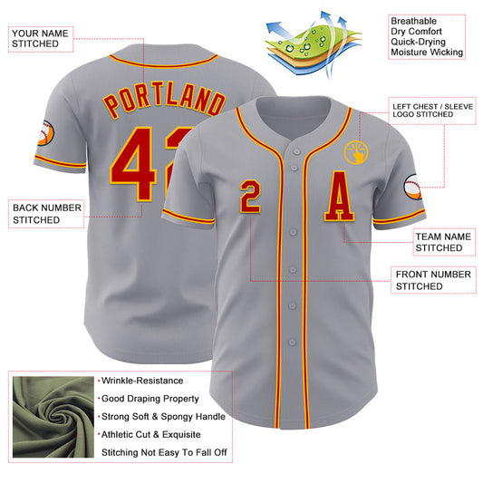 Custom Gray Red-Gold Authentic Baseball Jersey - Sky-Custom