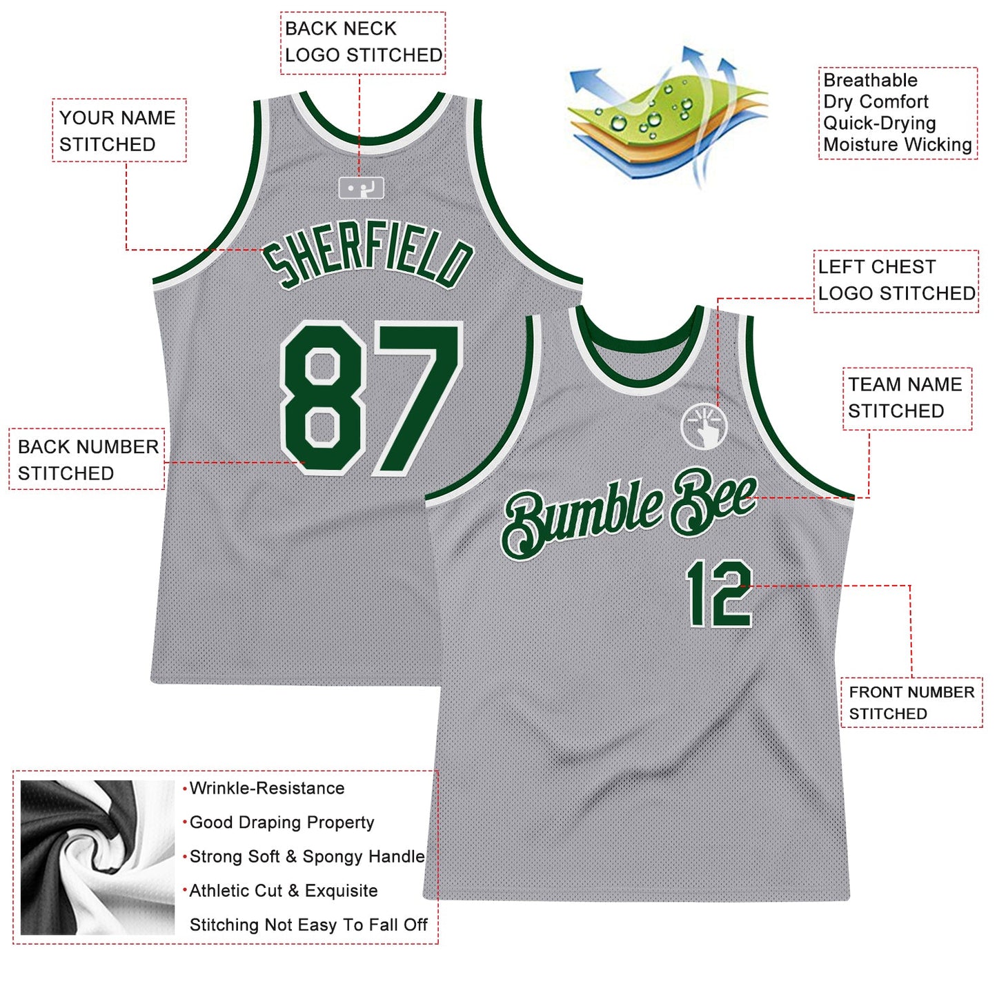 Custom Gray Green-White Authentic Throwback Basketball Jersey - Sky-Custom