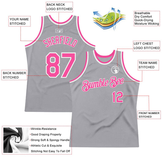 Custom Gray Pink-White Authentic Throwback Basketball Jersey - Sky-Custom