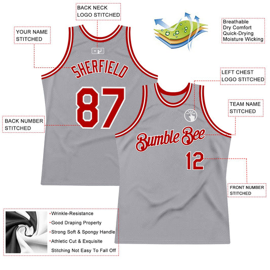 Custom Gray Red-White Authentic Throwback Basketball Jersey - Sky-Custom