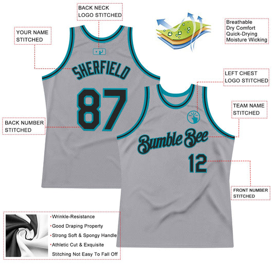Custom Gray Black-Teal Authentic Throwback Basketball Jersey - Sky-Custom