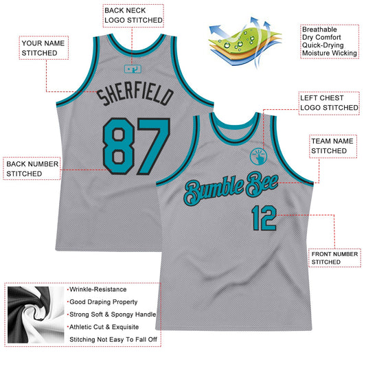 Custom Gray Teal-Black Authentic Throwback Basketball Jersey - Sky-Custom
