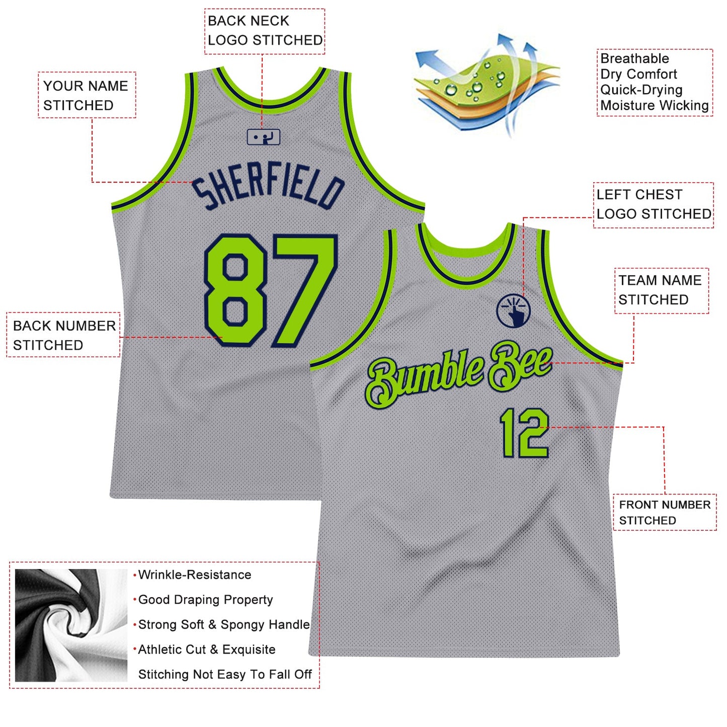 Custom Gray Neon Green-Navy Authentic Throwback Basketball Jersey - Sky-Custom