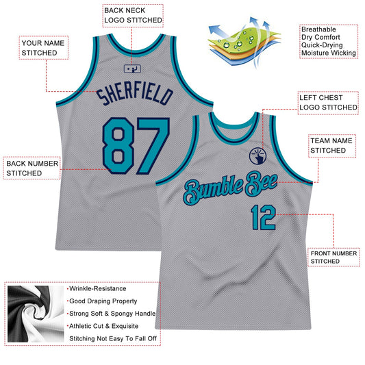 Custom Gray Teal-Navy Authentic Throwback Basketball Jersey - Sky-Custom