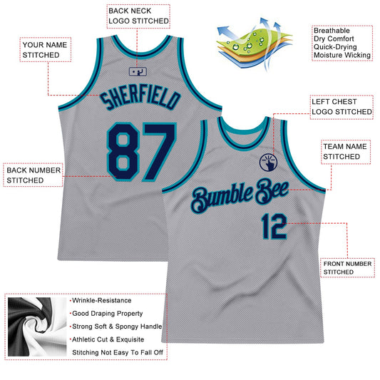 Custom Gray Navy-Teal Authentic Throwback Basketball Jersey - Sky-Custom