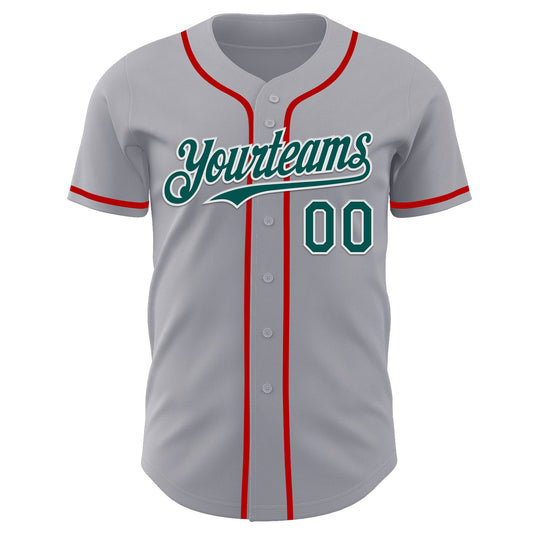 Custom Gray Midnight Green White-Red Authentic Baseball Jersey - Sky-Custom