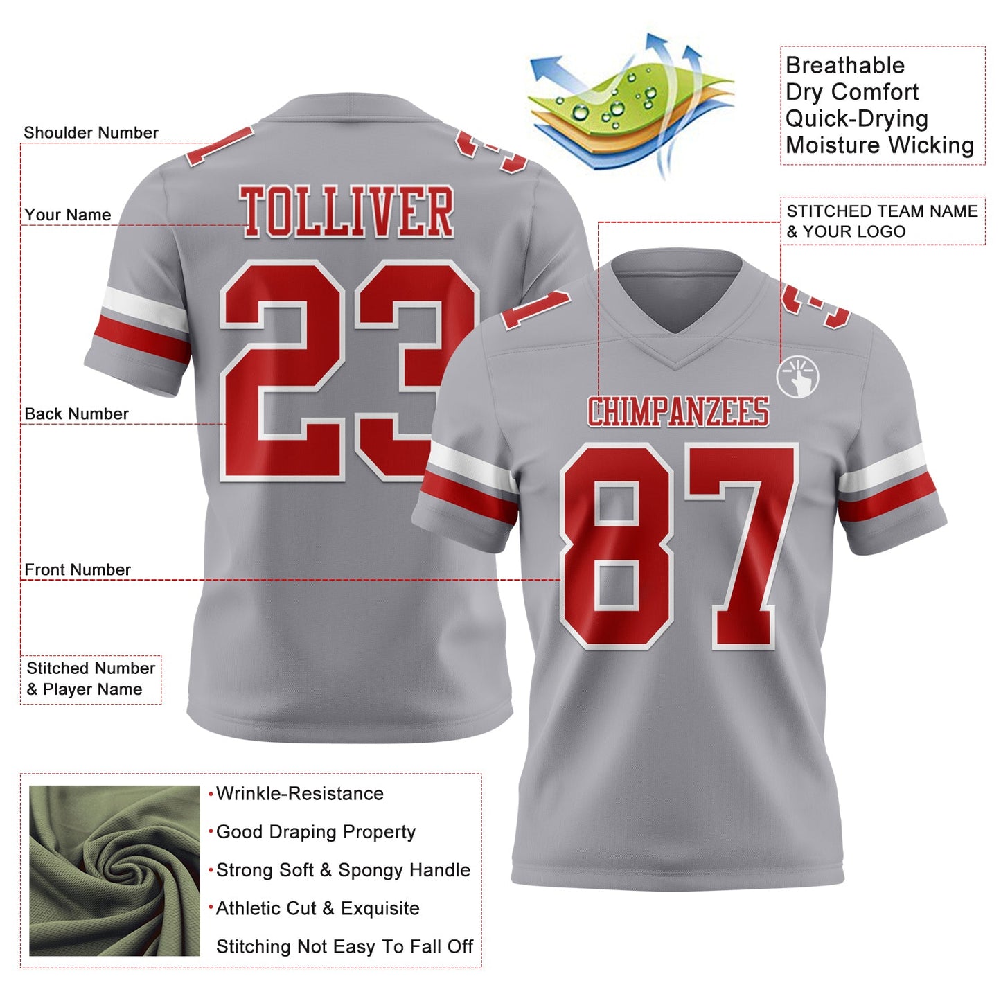 Custom Gray Red-White Mesh Authentic Football Jersey - Sky-Custom