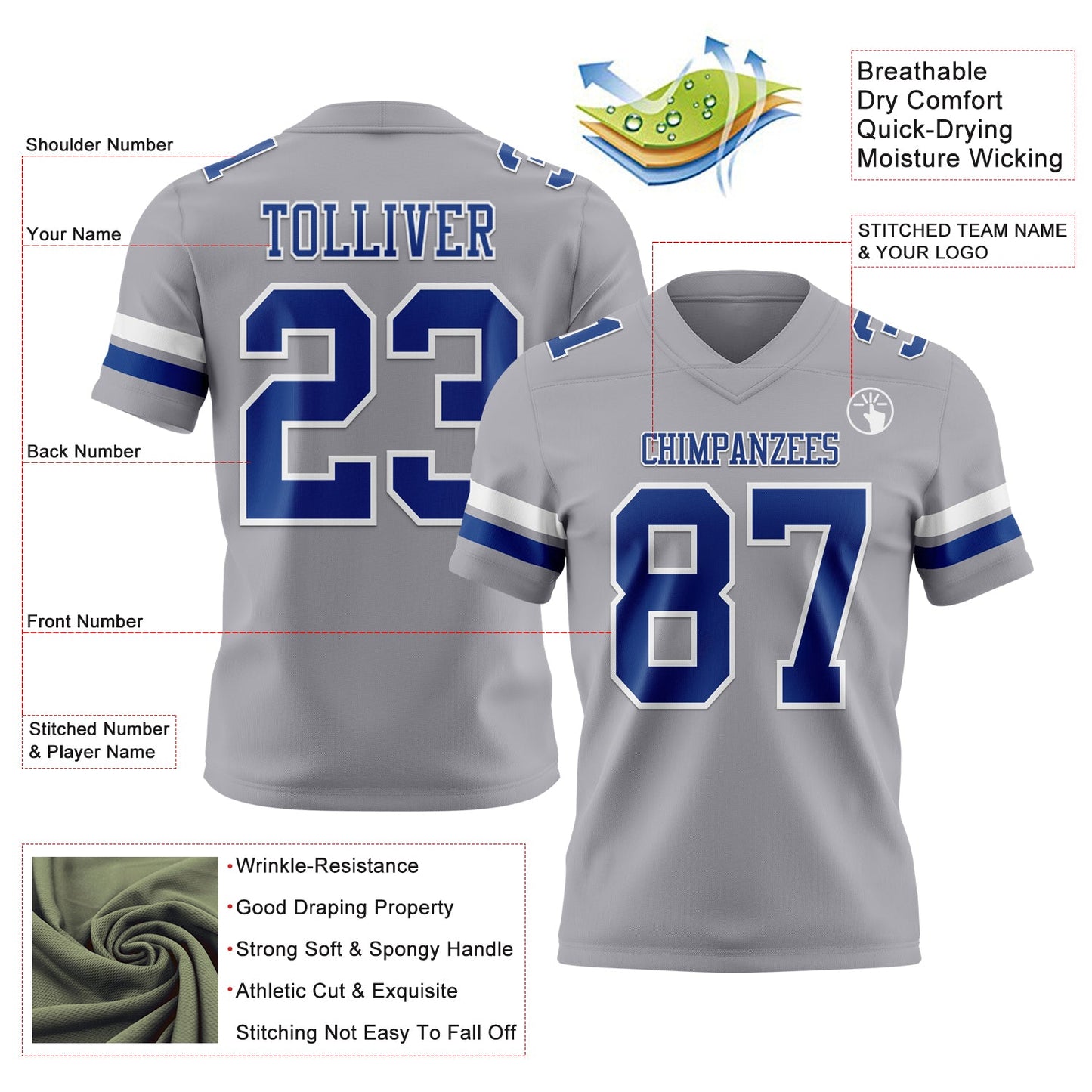 Custom Gray Royal-White Mesh Authentic Football Jersey - Sky-Custom