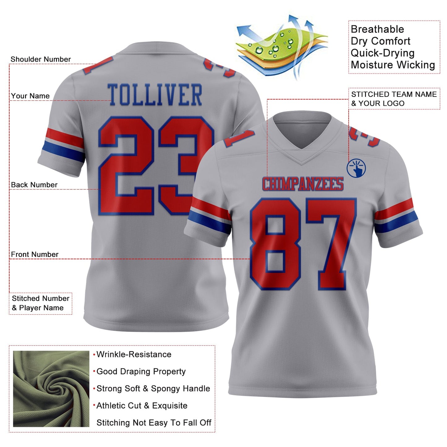 Custom Gray Red-Royal Mesh Authentic Football Jersey - Sky-Custom