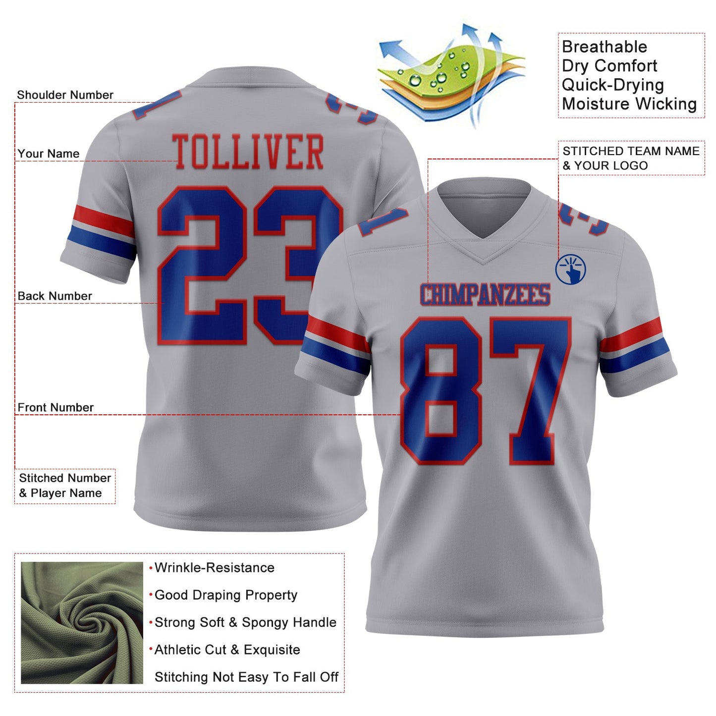 Custom Gray Royal-Red Mesh Authentic Football Jersey - Sky-Custom