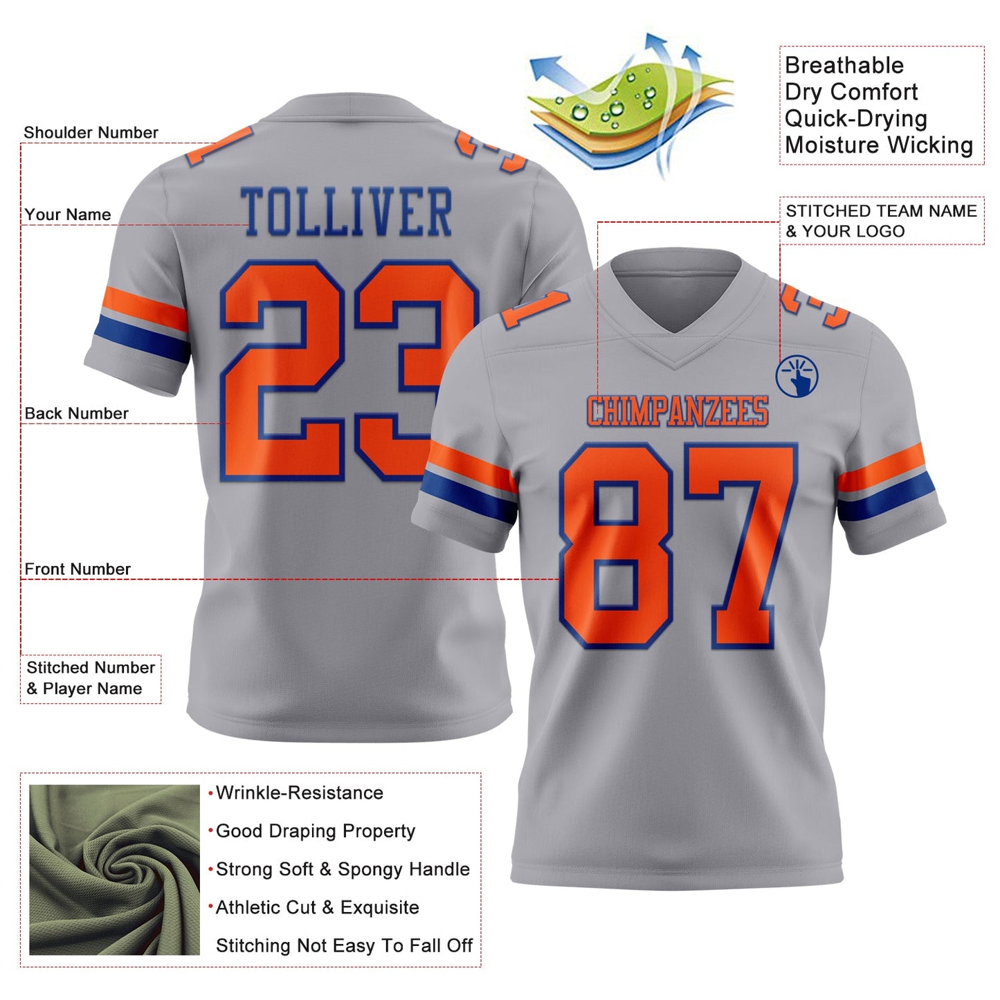 Custom Gray Orange-Royal Mesh Authentic Football Jersey - Sky-Custom