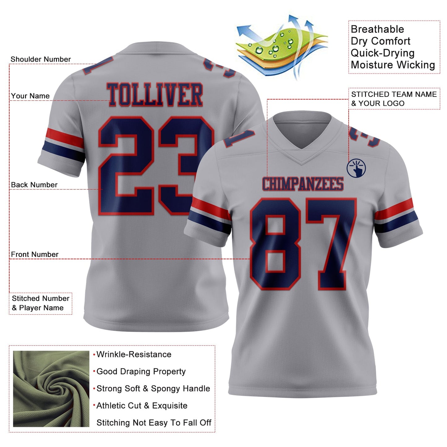 Custom Gray Navy-Red Mesh Authentic Football Jersey - Sky-Custom