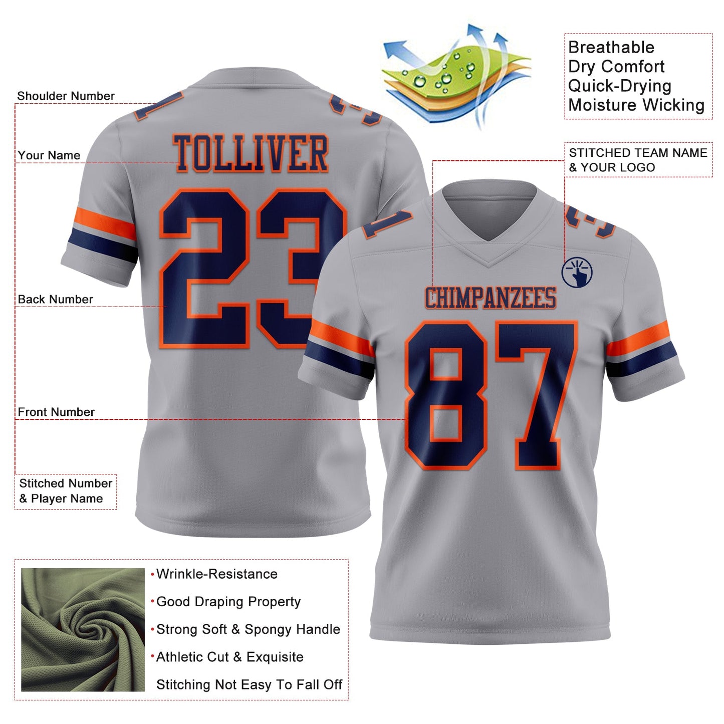 Custom Gray Navy-Orange Mesh Authentic Football Jersey - Sky-Custom