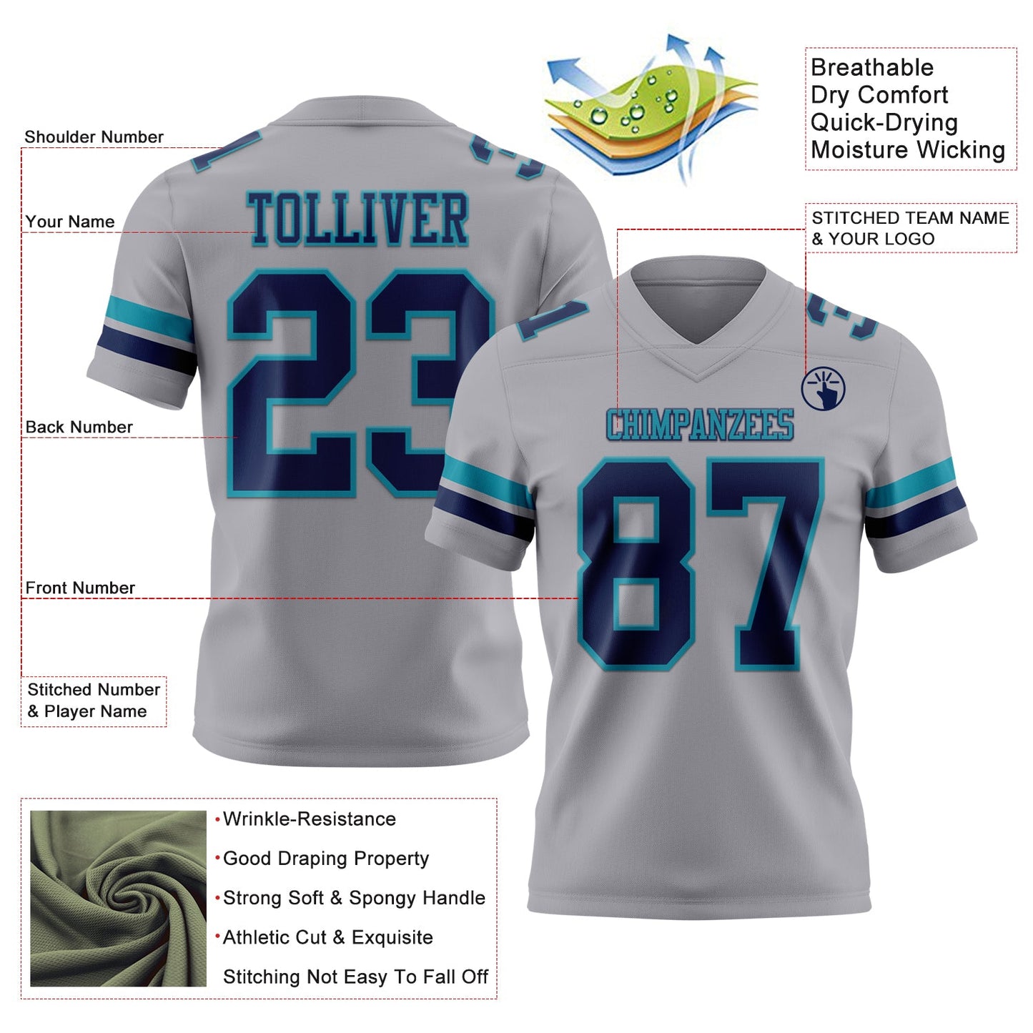 Custom Gray Navy-Teal Mesh Authentic Football Jersey - Sky-Custom