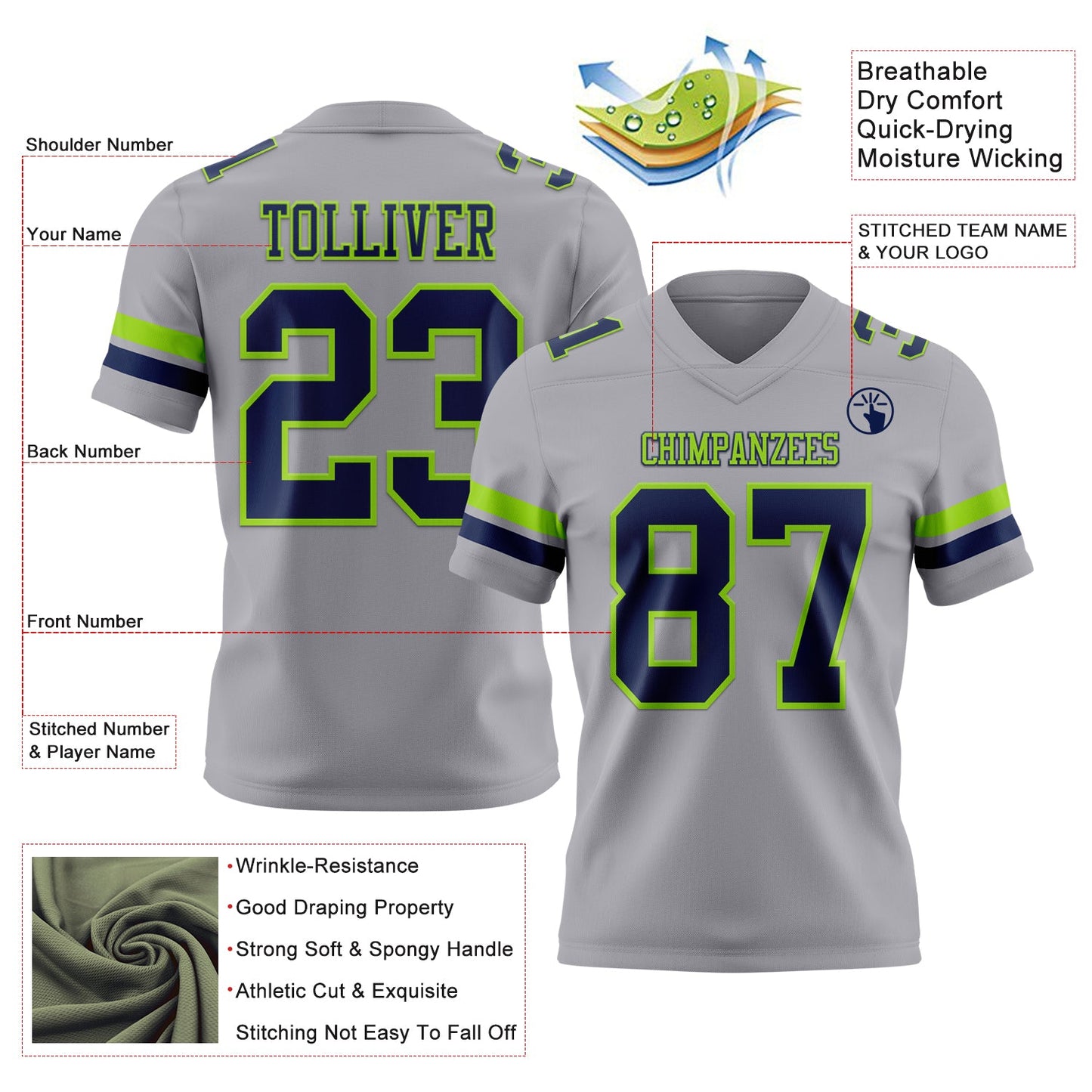 Custom Gray Navy-Neon Green Mesh Authentic Football Jersey - Sky-Custom