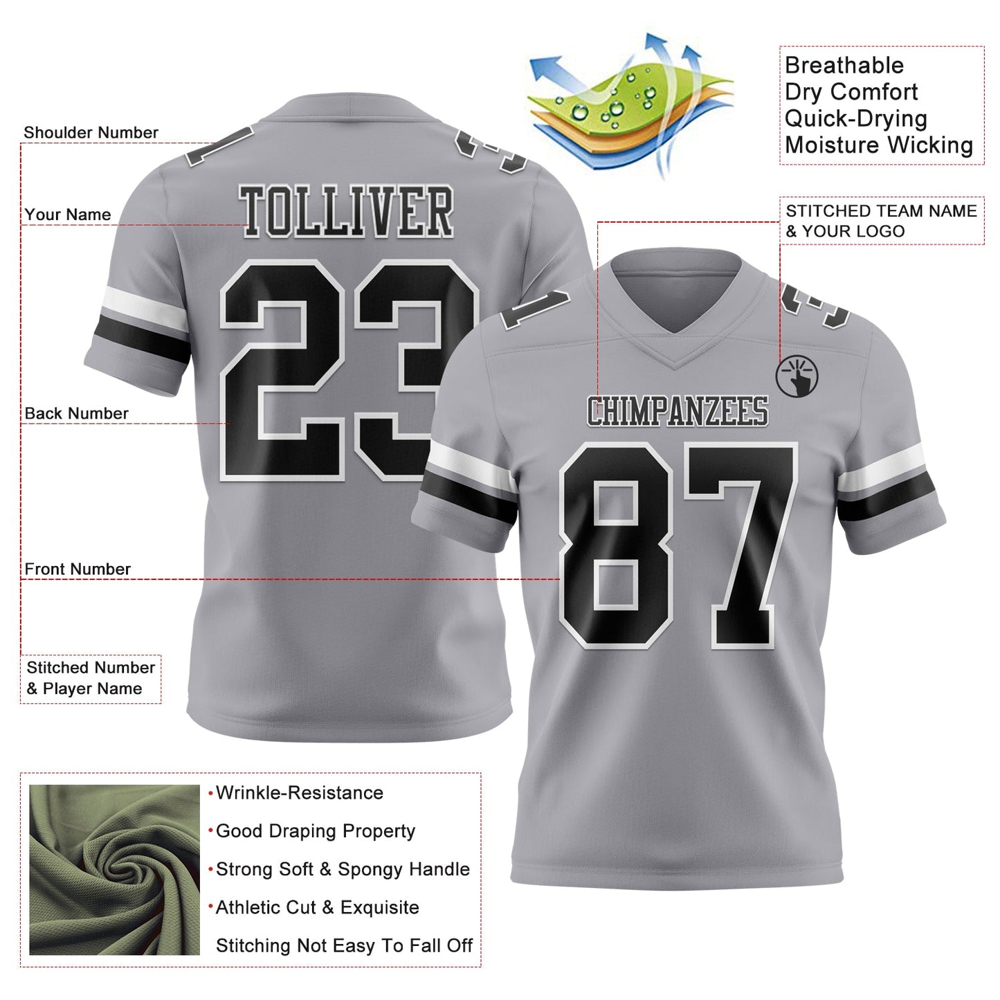 Custom Gray Black-White Mesh Authentic Football Jersey - Sky-Custom