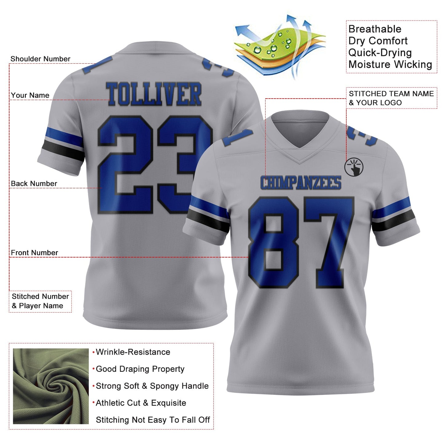 Custom Gray Royal-Black Mesh Authentic Football Jersey - Sky-Custom