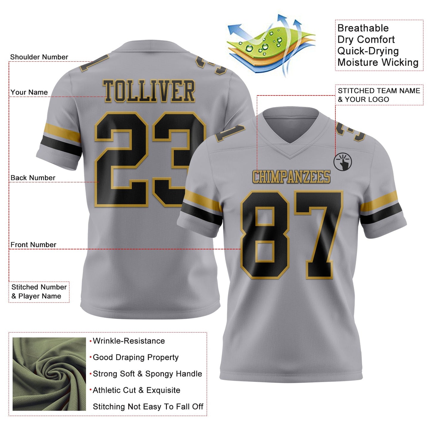 Custom Gray Black-Old Gold Mesh Authentic Football Jersey - Sky-Custom