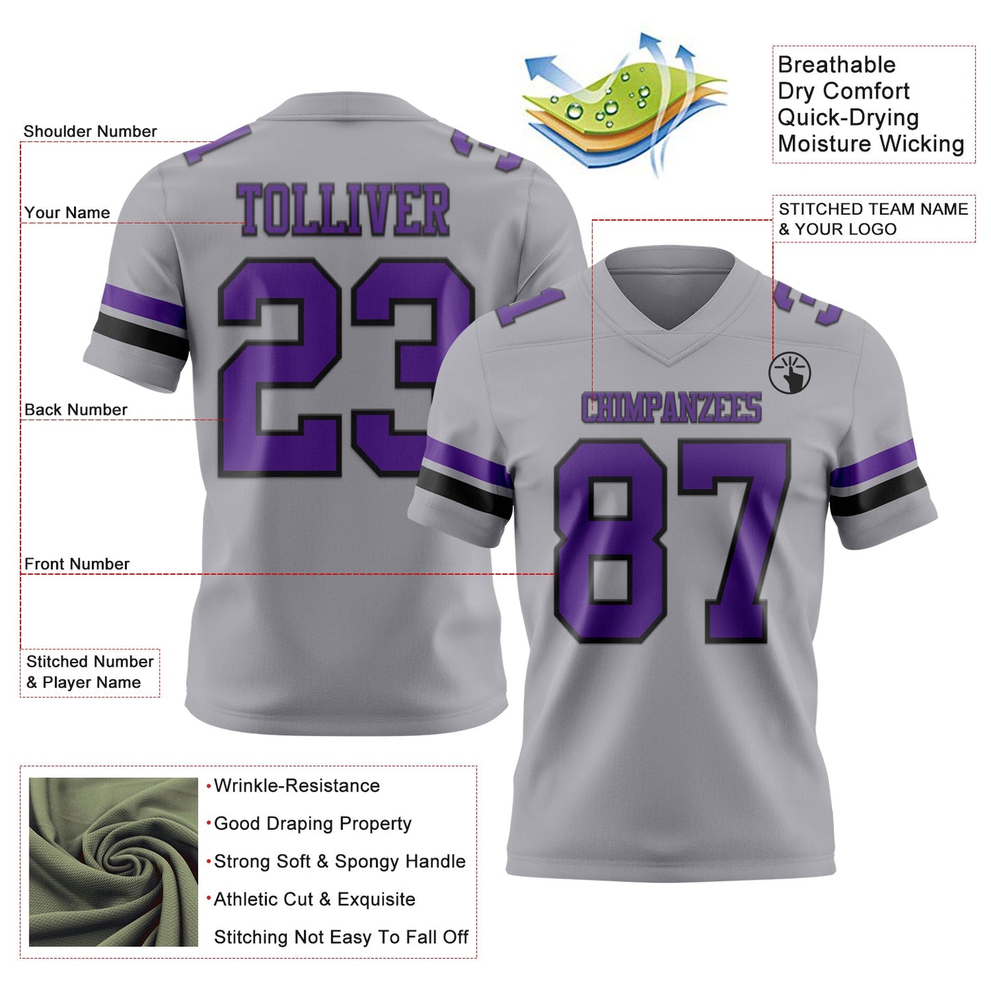 Custom Gray Purple-Black Mesh Authentic Football Jersey - Sky-Custom
