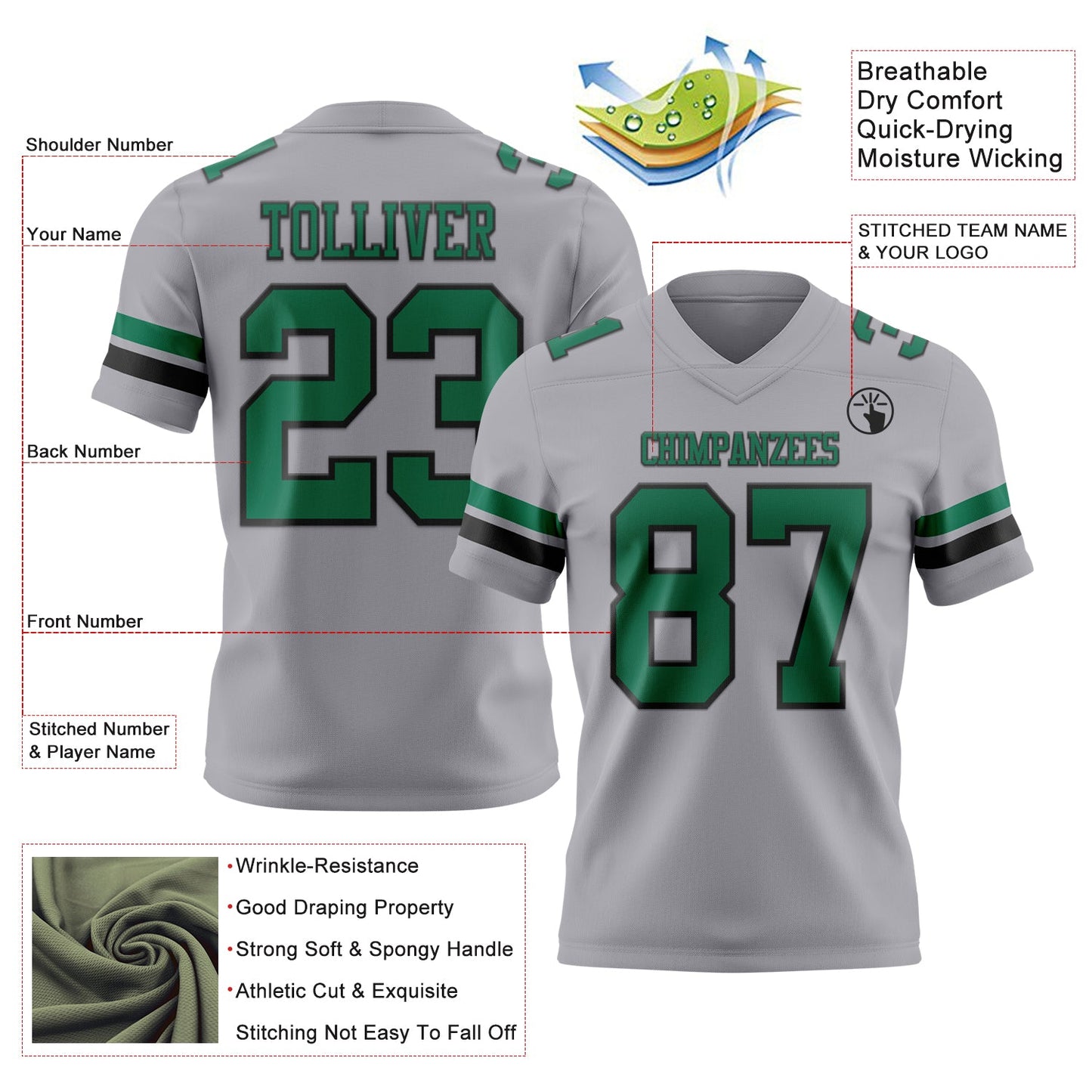 Custom Gray Kelly Green-Black Mesh Authentic Football Jersey - Sky-Custom