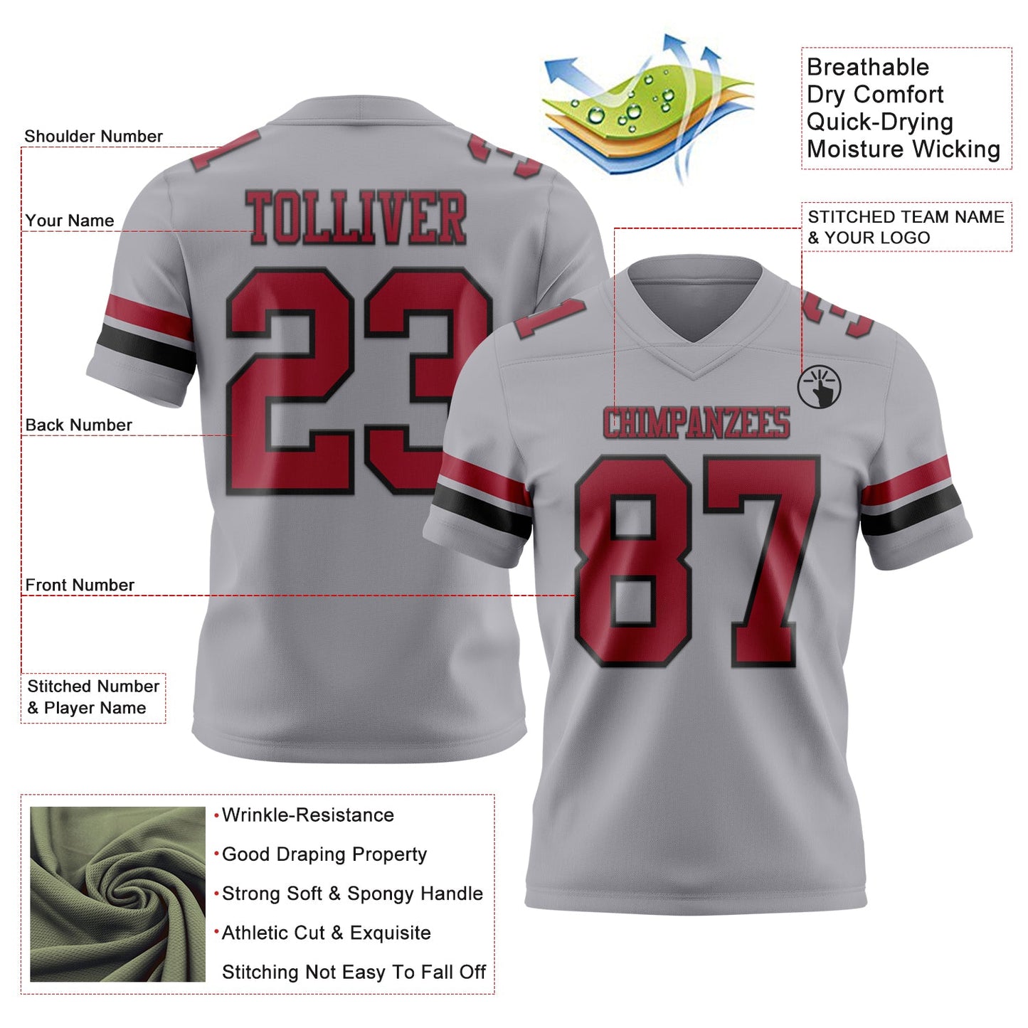 Custom Gray Cardinal-Black Mesh Authentic Football Jersey - Sky-Custom