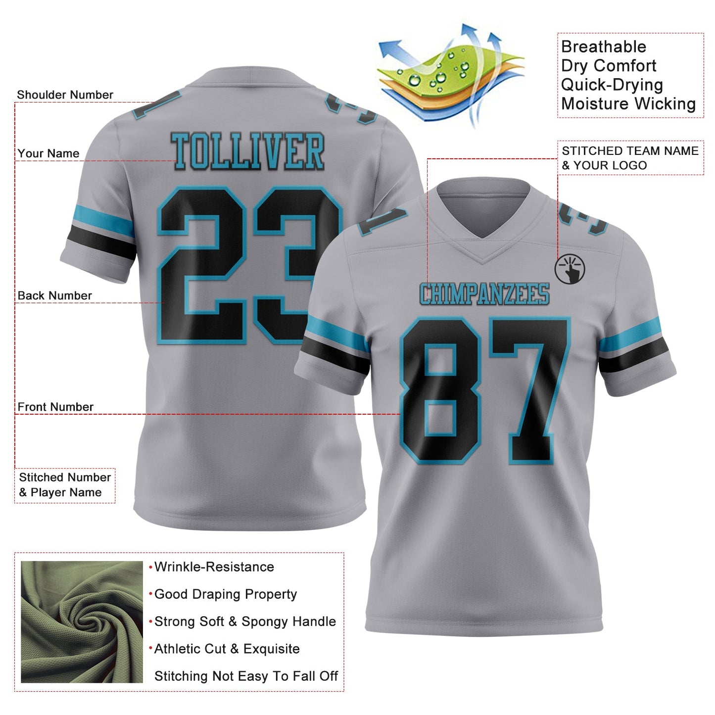 Custom Gray Black-Panther Blue Mesh Authentic Football Jersey - Sky-Custom