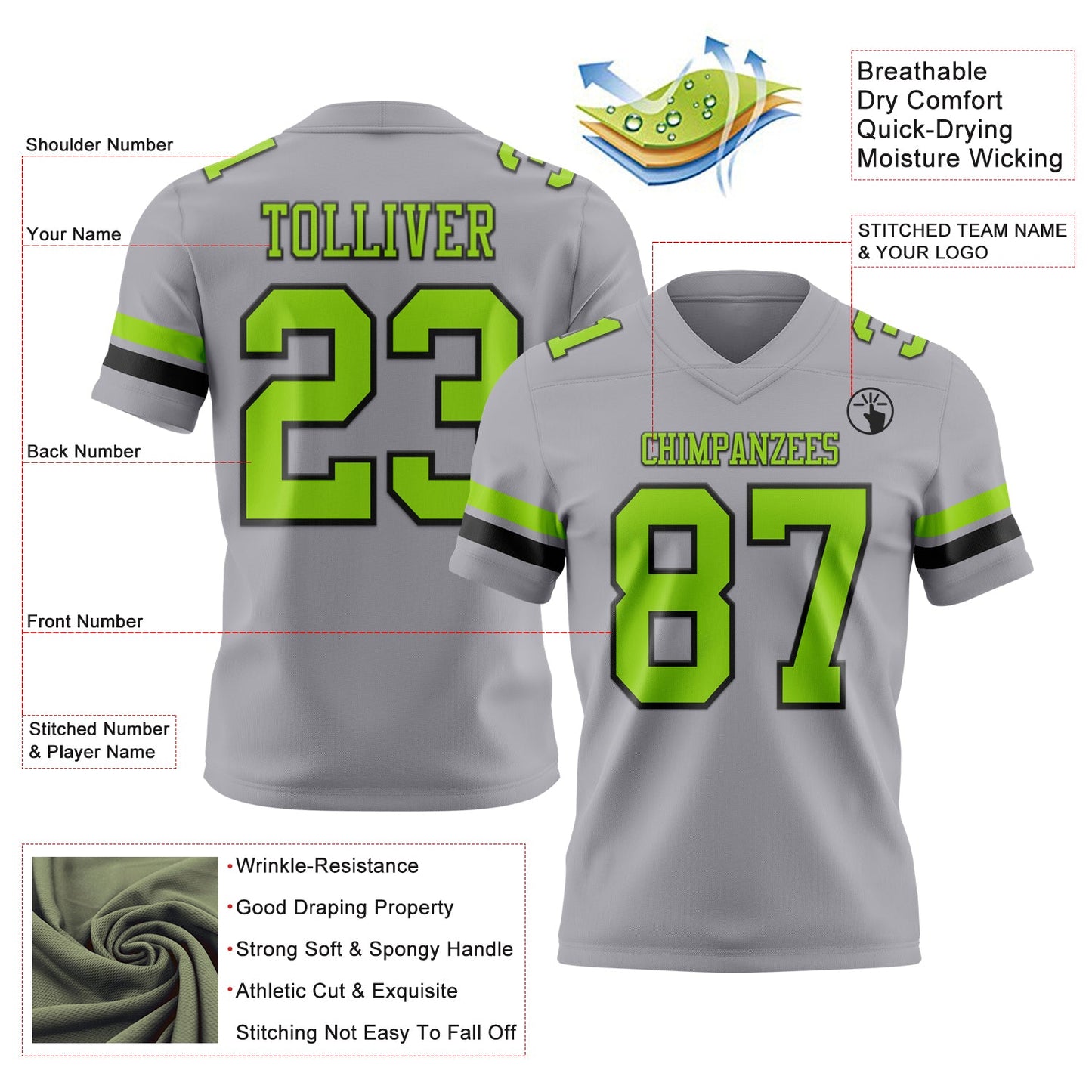 Custom Gray Neon Green-Black Mesh Authentic Football Jersey - Sky-Custom