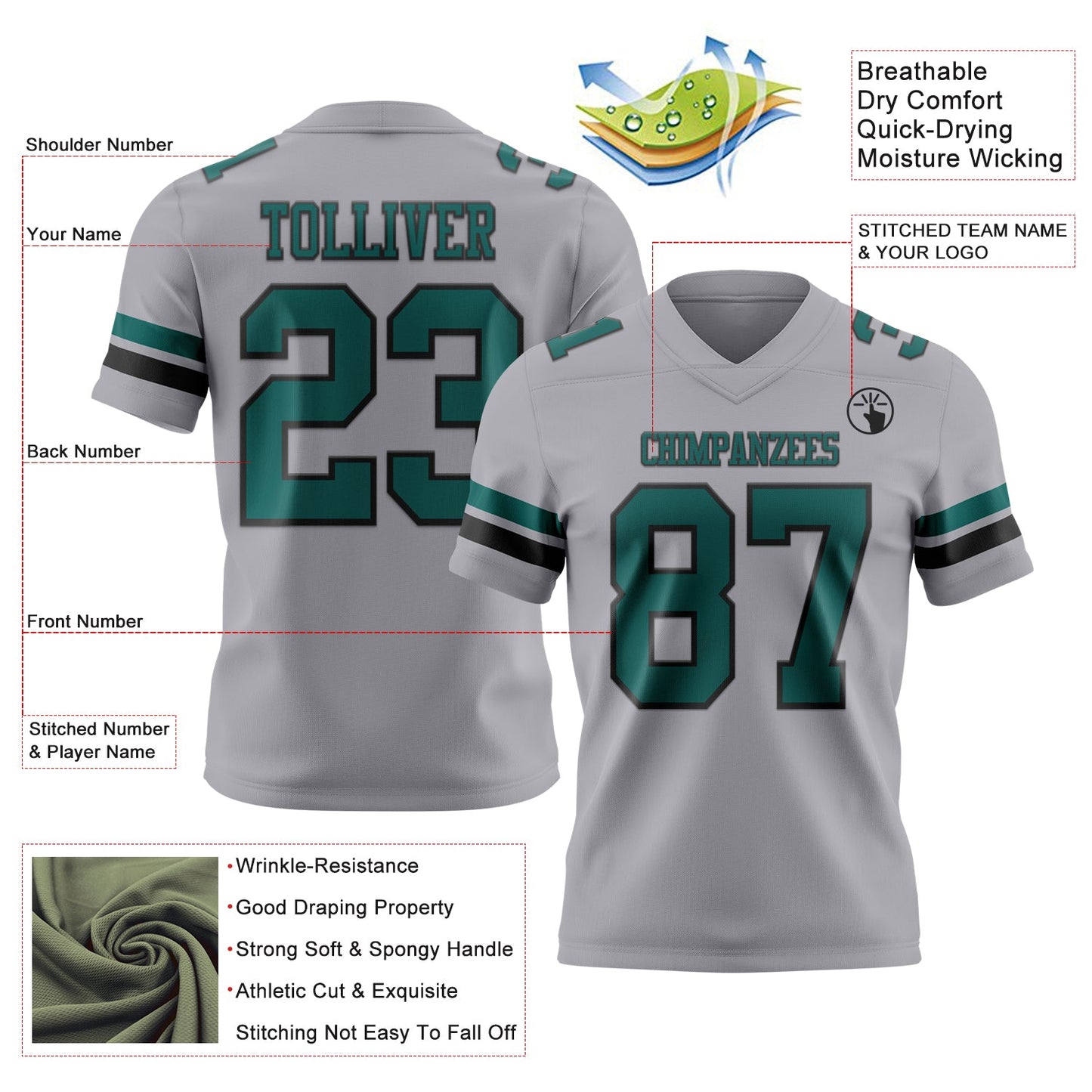 Custom Gray Midnight Green-Black Mesh Authentic Football Jersey - Sky-Custom