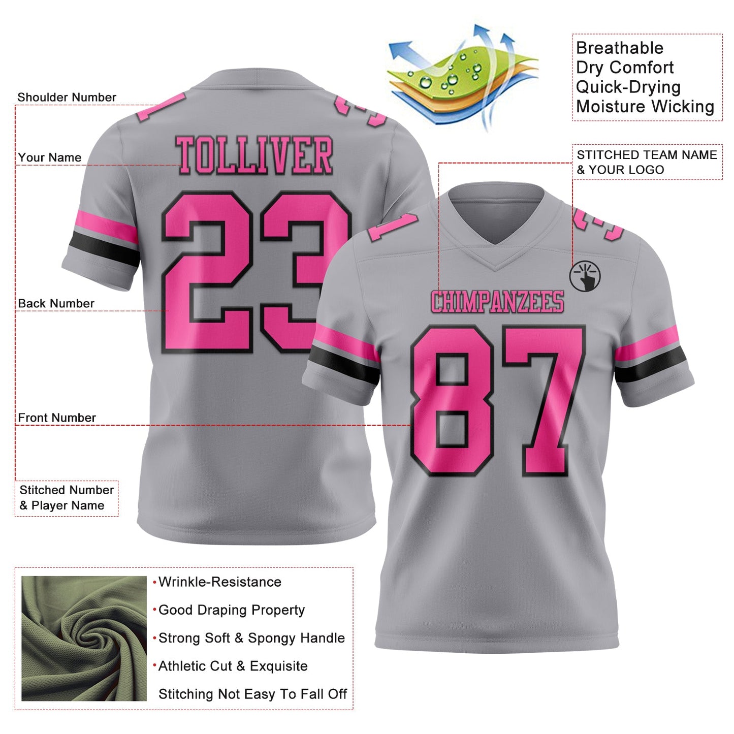 Custom Gray Pink-Black Mesh Authentic Football Jersey - Sky-Custom