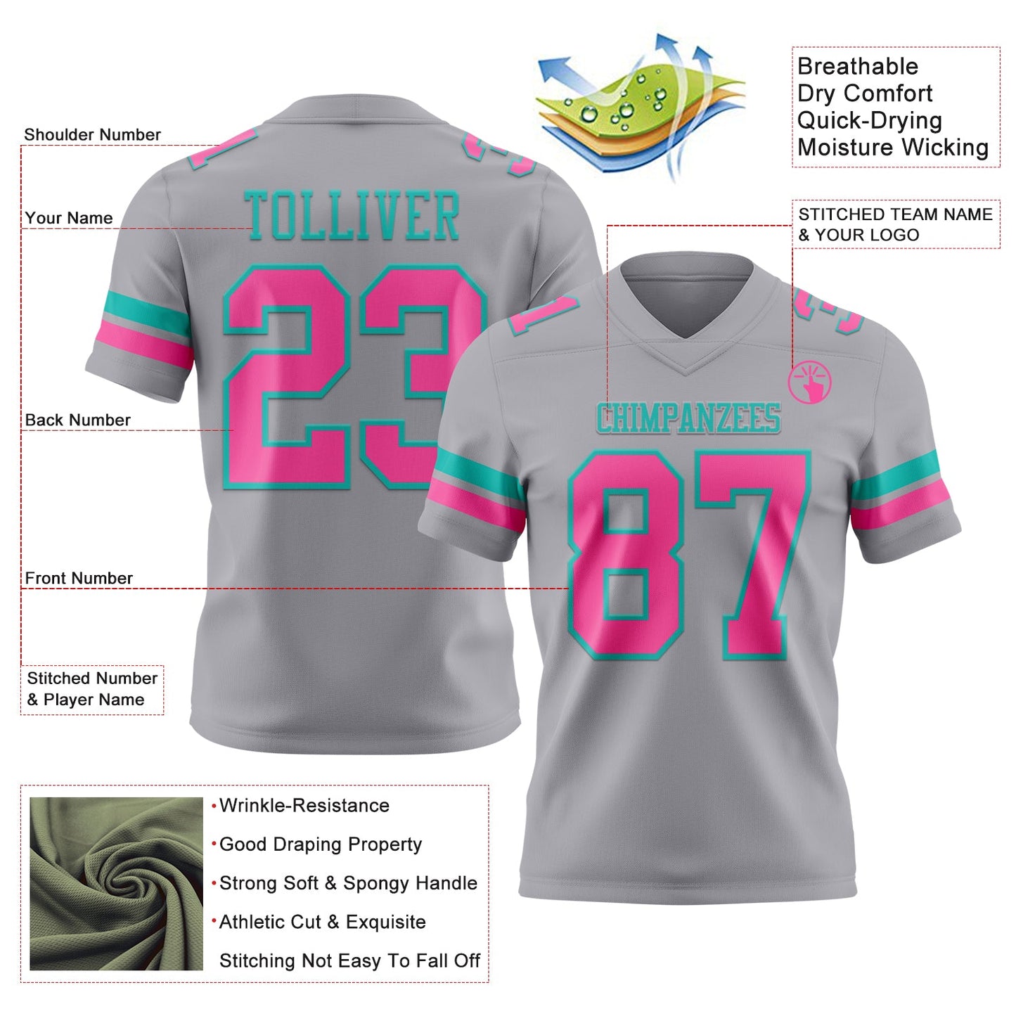 Custom Gray Pink-Aqua Mesh Authentic Football Jersey - Sky-Custom