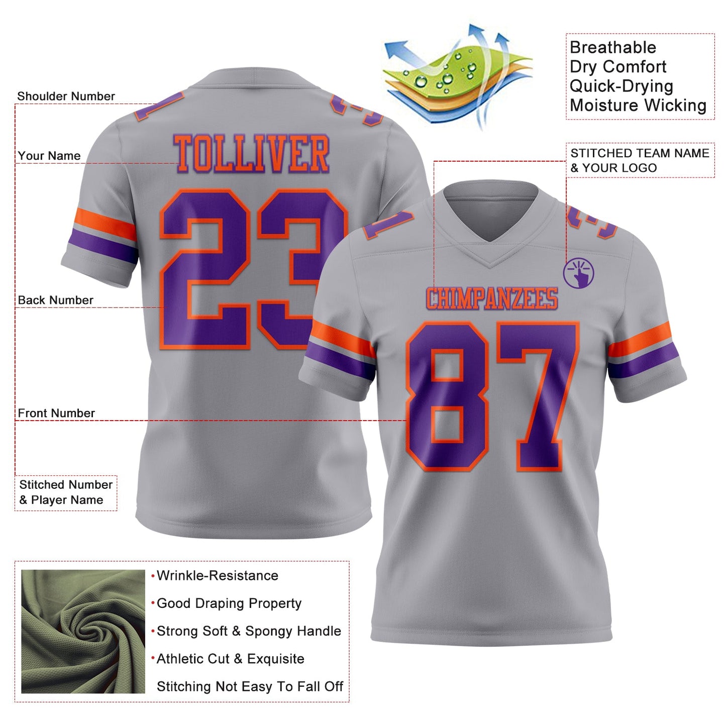 Custom Gray Purple-Orange Mesh Authentic Football Jersey - Sky-Custom