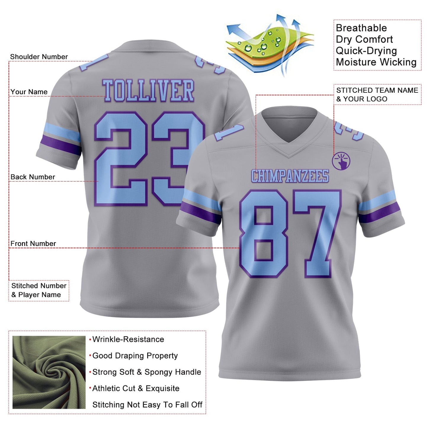 Custom Gray Light Blue-Purple Mesh Authentic Football Jersey - Sky-Custom