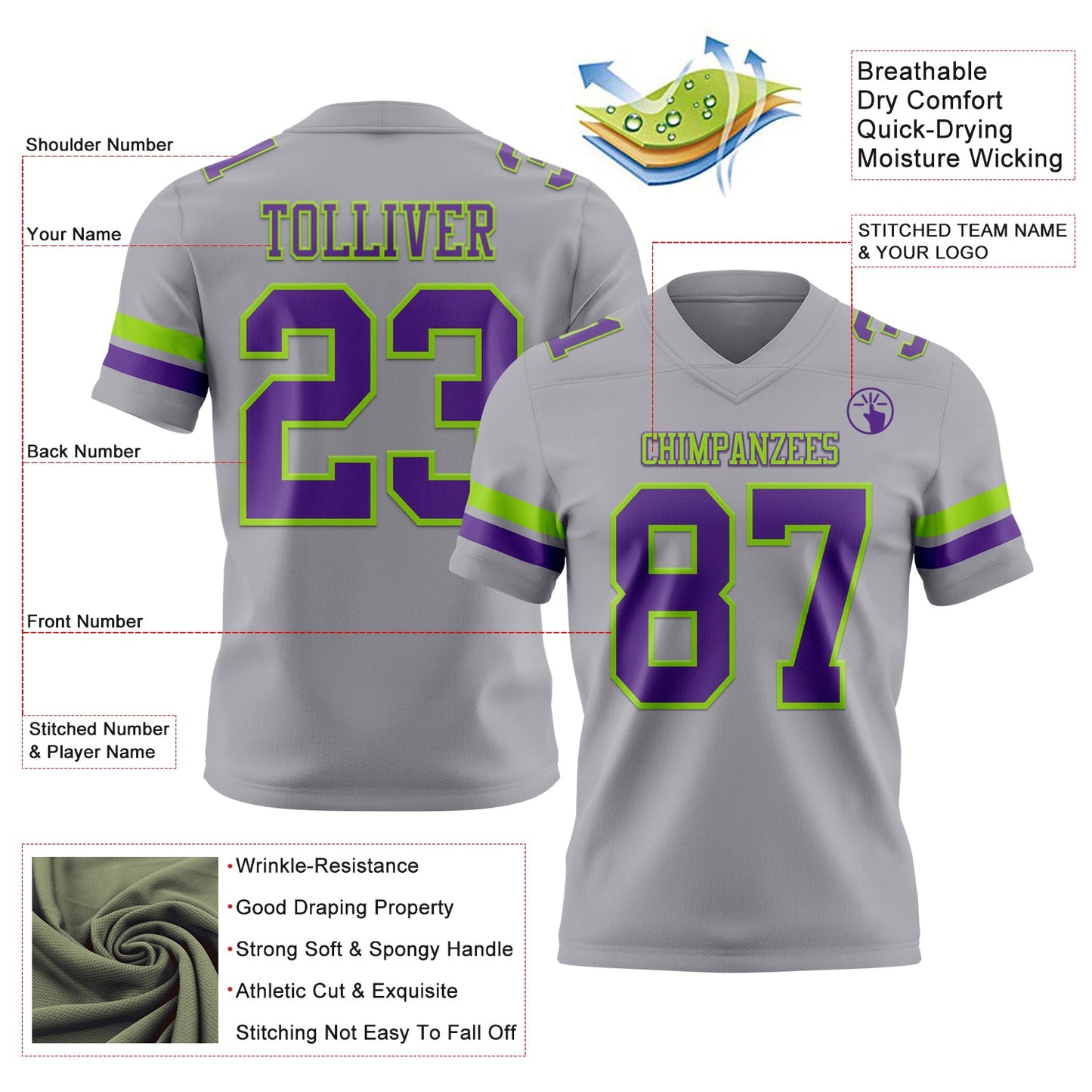 Custom Gray Purple-Neon Green Mesh Authentic Football Jersey - Sky-Custom